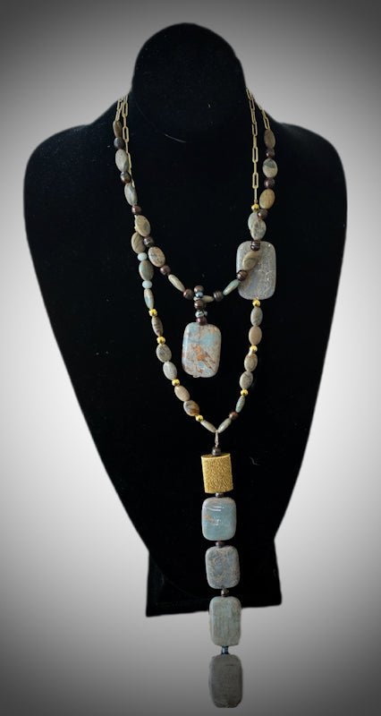 African Blue Opal and Freshwater Pearls Layered Necklace - L.Signature Collection by L.Styles