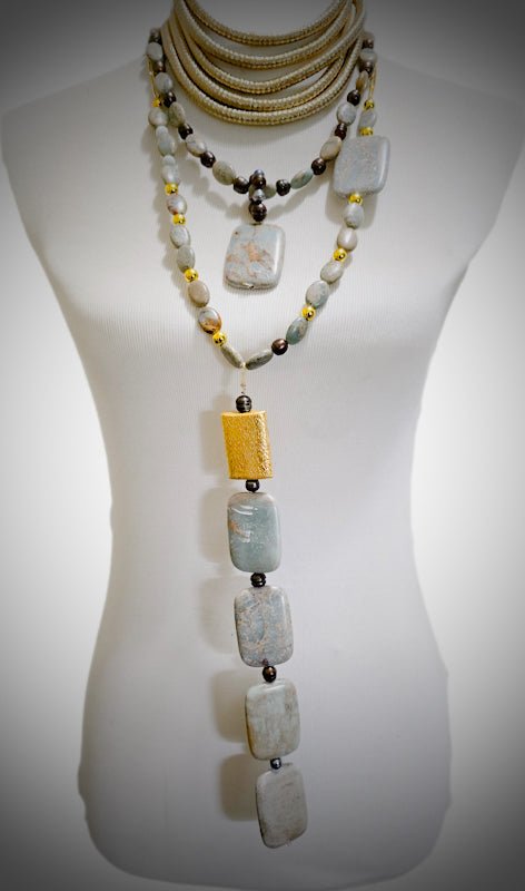 African Blue Opal and Freshwater Pearls Layered Necklace - L.Signature Collection by L.Styles