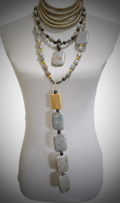 African Blue Opal and Freshwater Pearls Layered Necklace - L.Signature Collection by L.Styles