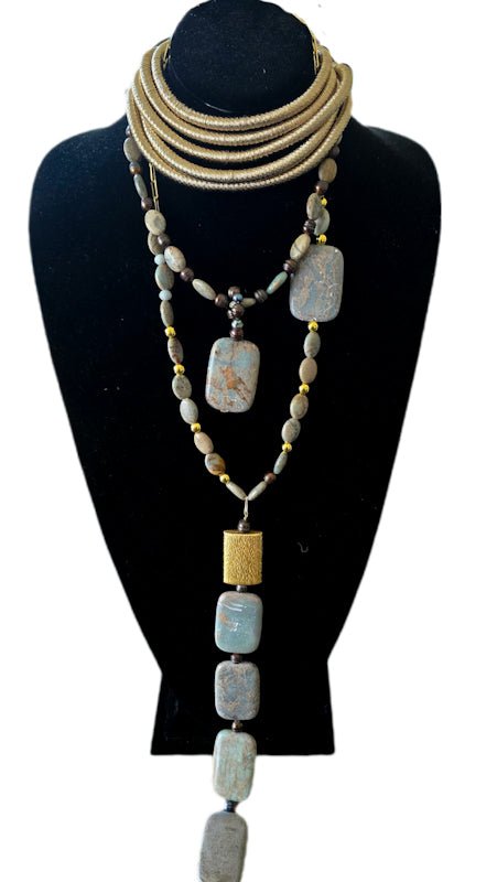 African Blue Opal and Freshwater Pearls Layered Necklace - L.Signature Collection by L.Styles