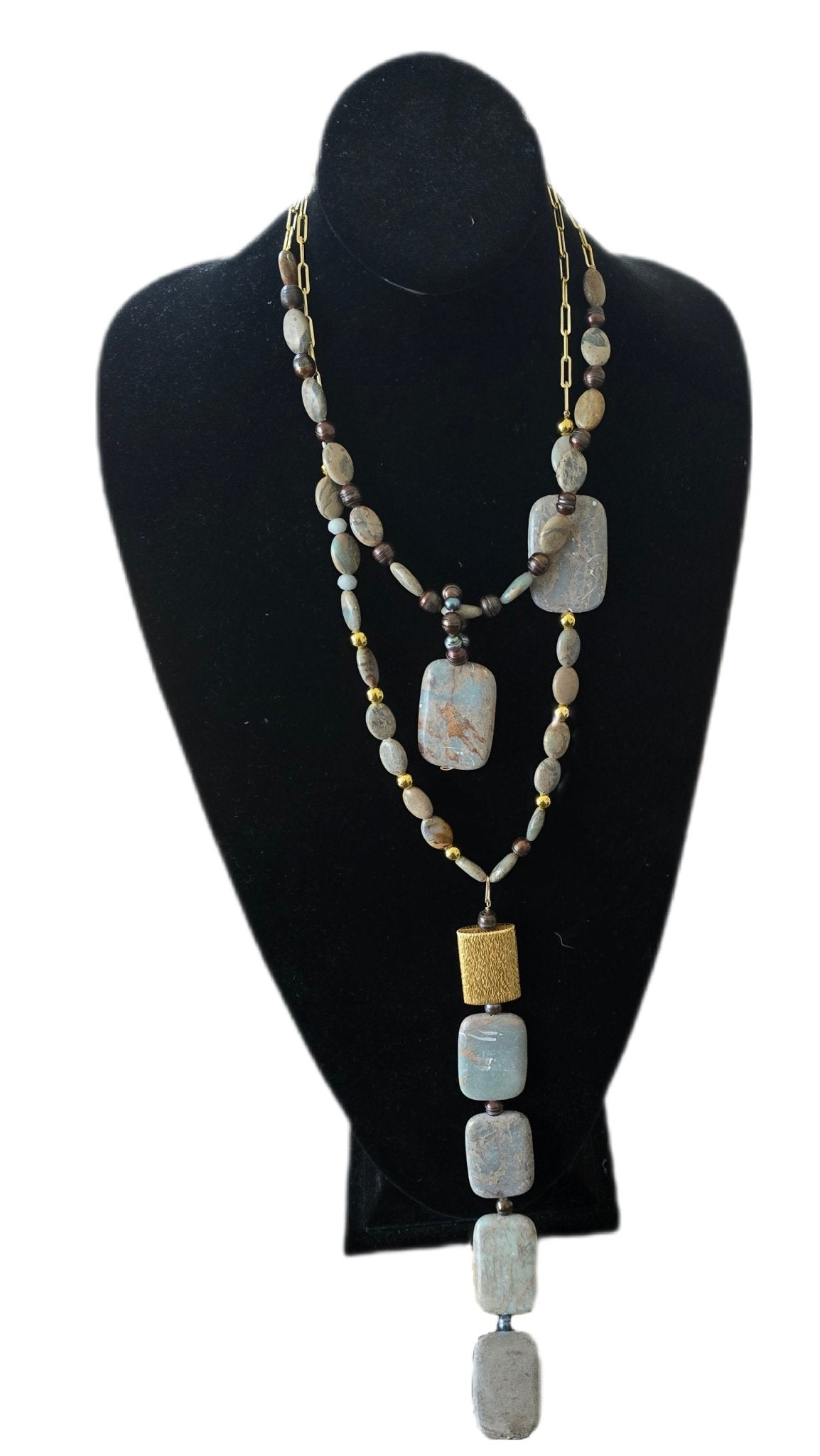 African Blue Opal and Freshwater Pearls Layered Necklace - L.Signature Collection by L.Styles