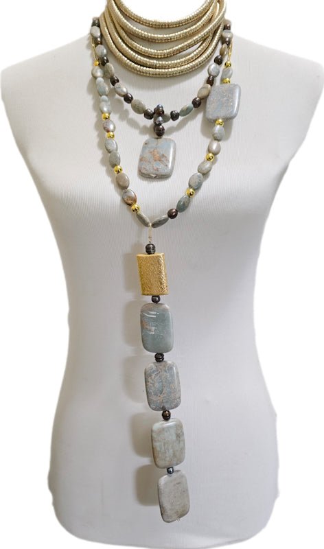 African Blue Opal and Freshwater Pearls Layered Necklace - L.Signature Collection by L.Styles