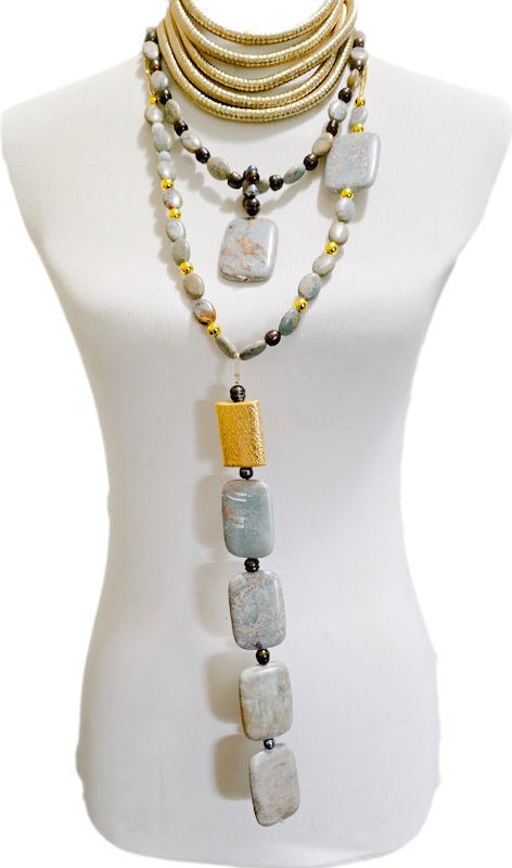 African Blue Opal and Freshwater Pearls Layered Necklace - L.Signature Collection by L.Styles