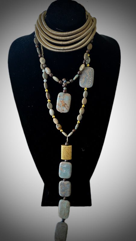 African Blue Opal and Freshwater Pearls Layered Necklace - L.Signature Collection by L.Styles