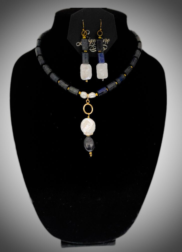 Lapis Lazuli and Freshwater Pearls Necklace set L.Signature Collection by L.Styles