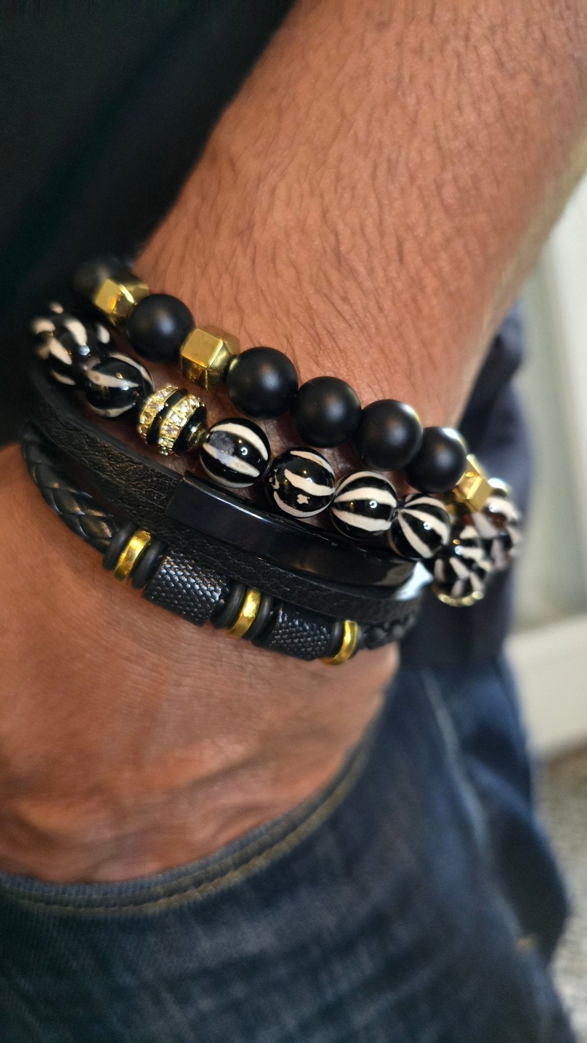 Men's Natural Tibetan Agate and Onyx Bracelet set - L.Signature Collection by L.Styles