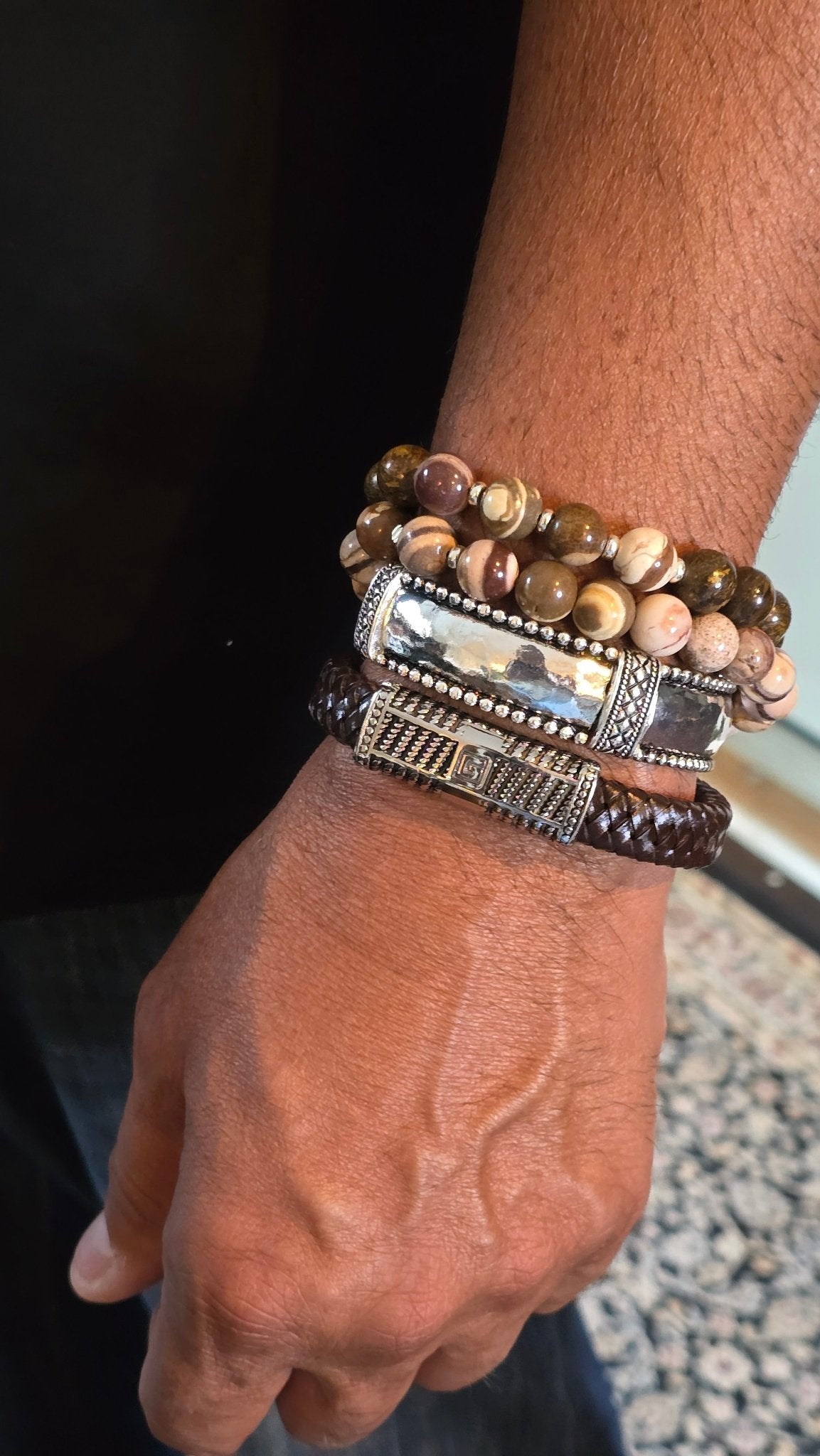 Men's Round striped Tibetan Agate Bracelet set - L.Signature Collection by L.Styles