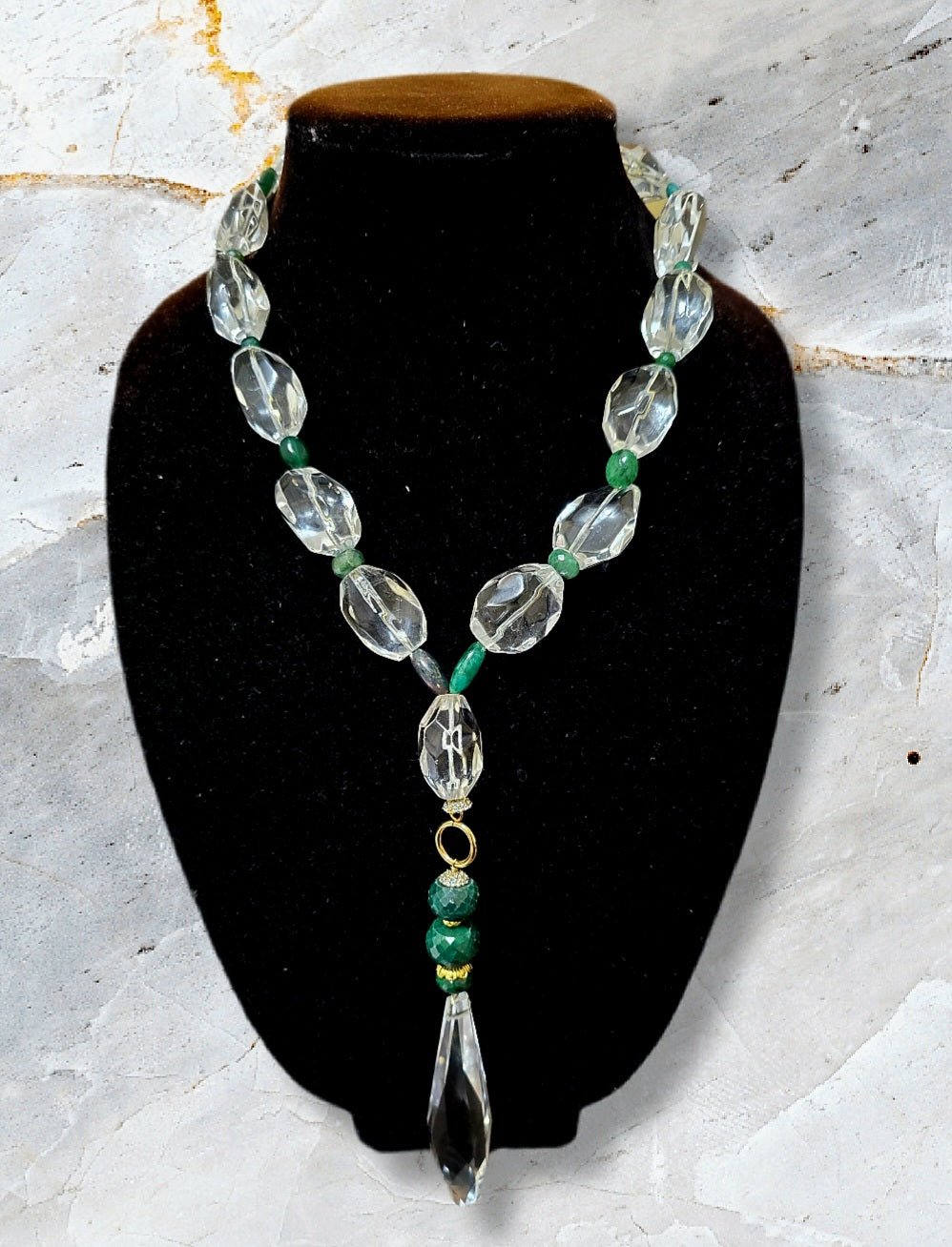 Natural Clear Quartz and Columbian Emerald Necklace - L.Signature Collection by L.Styles