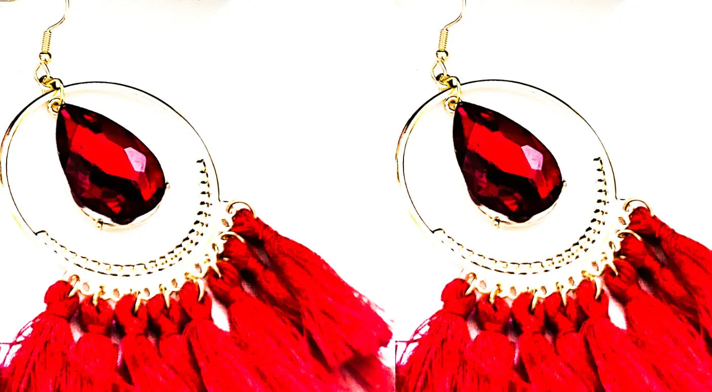 Red Tear Drop Tassel Earrings L.Signature Collection by L.Styles