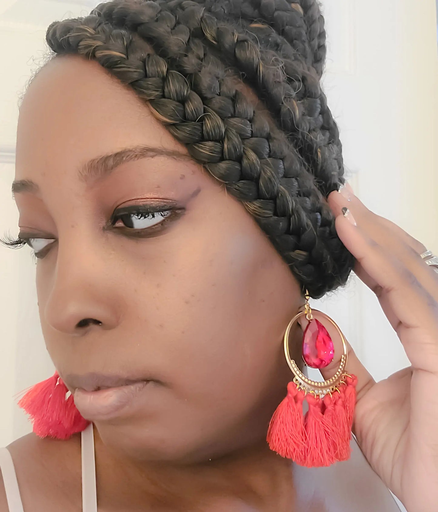 Red Tear Drop Tassel Earrings L.Signature Collection by L.Styles