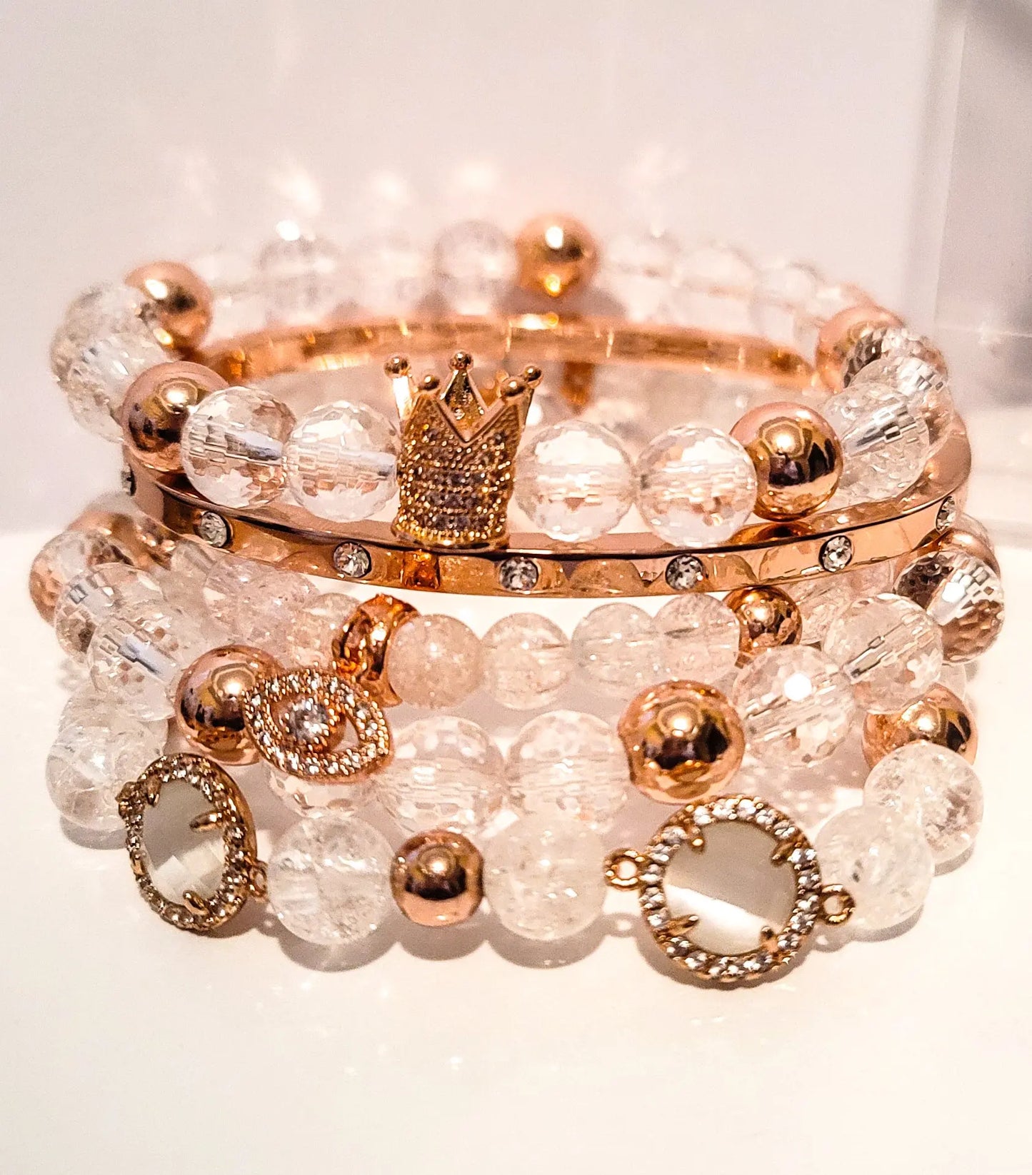 Stacked "Rose" Clear Quartz Crown bracelet set freeshipping - L.Signature Collection by L.Styles
