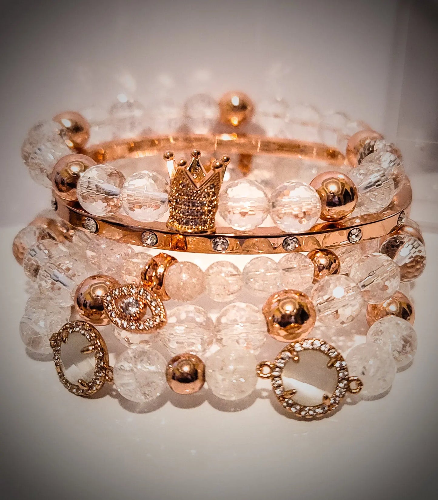 Stacked "Rose" Clear Quartz Crown bracelet set freeshipping - L.Signature Collection by L.Styles