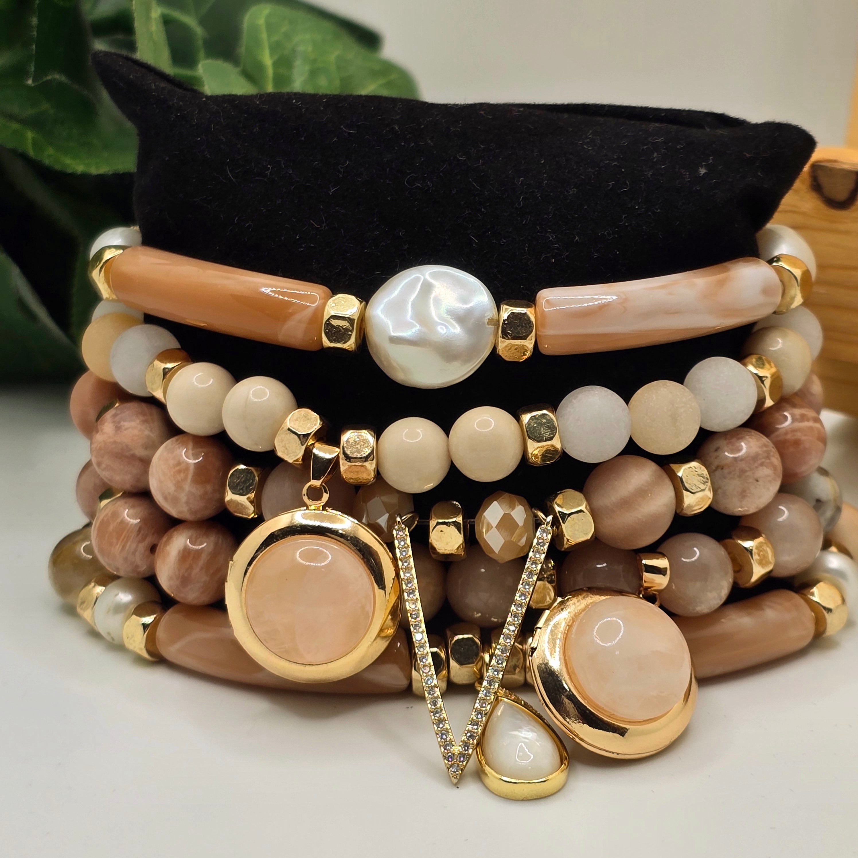 Natural Sunstone and Peach Moonstone Bracelet set L.Signature Collection by L.Styles