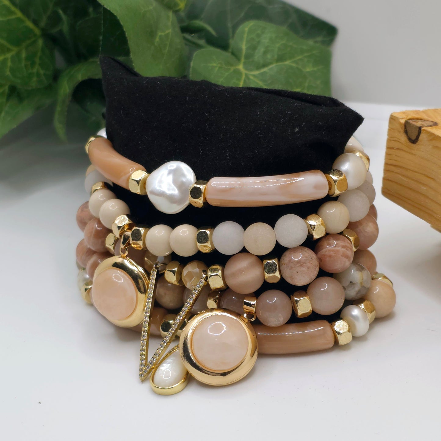 Natural Sunstone and Peach Moonstone Bracelet set L.Signature Collection by L.Styles