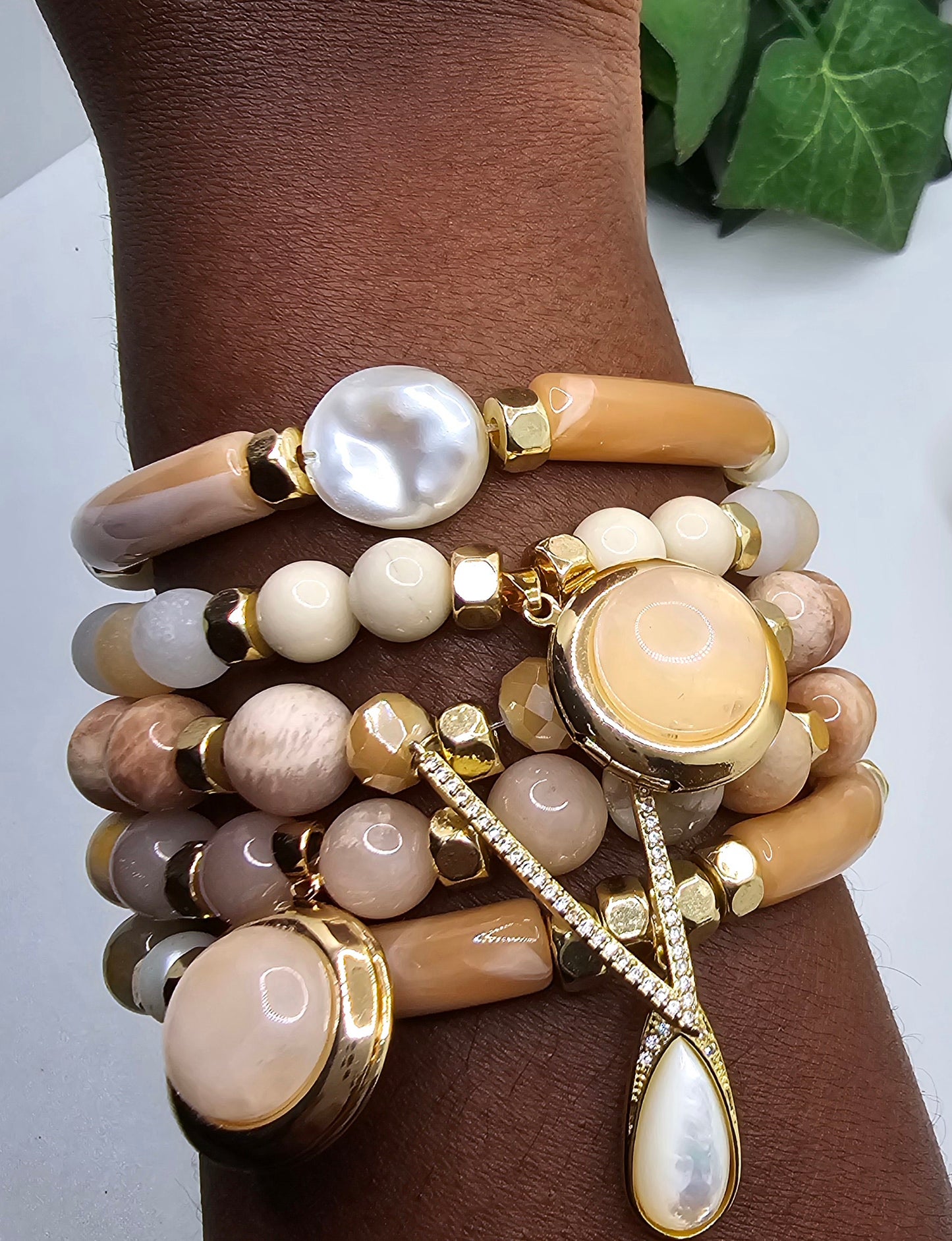 Natural Sunstone and Peach Moonstone Bracelet set L.Signature Collection by L.Styles