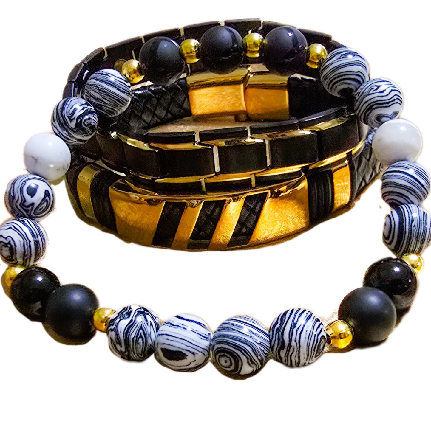 Men's White Malachite and Onyx 3pc. Bracelet set L.Signature Collection by L.Styles