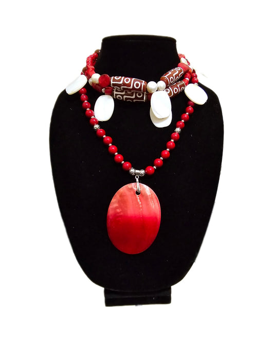 Red Coral and Shell Choker Necklace Set L.Signature Collection by L.Styles