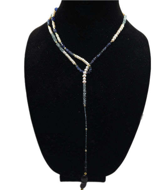 "Fifty Shades of Blue"| Sapphire, Blue Topaz, Blue diamonds Freshwater Pearl Lariat Necklace L.Signature Collection by L.Styles