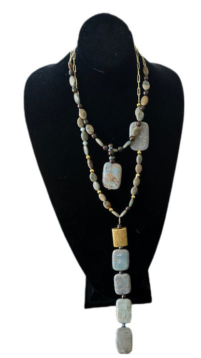 African Blue Opal and Freshwater Pearls Layered Necklace - L.Signature Collection by L.Styles