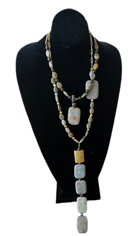 African Blue Opal and Freshwater Pearls Layered Necklace - L.Signature Collection by L.Styles