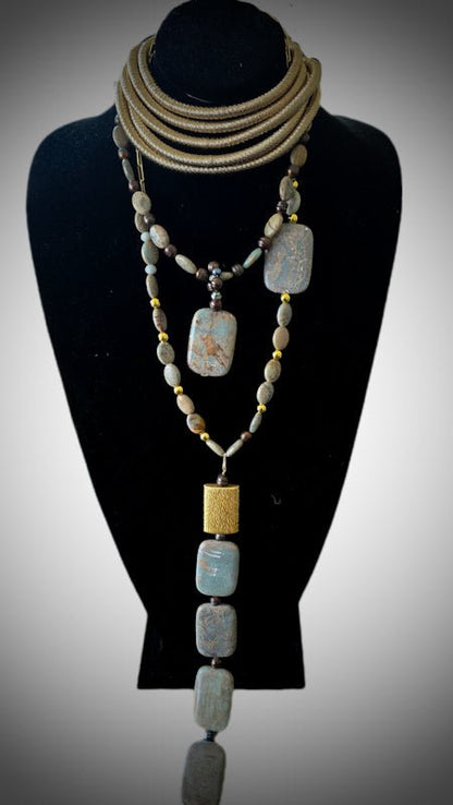 African Blue Opal and Freshwater Pearls Layered Necklace - L.Signature Collection by L.Styles