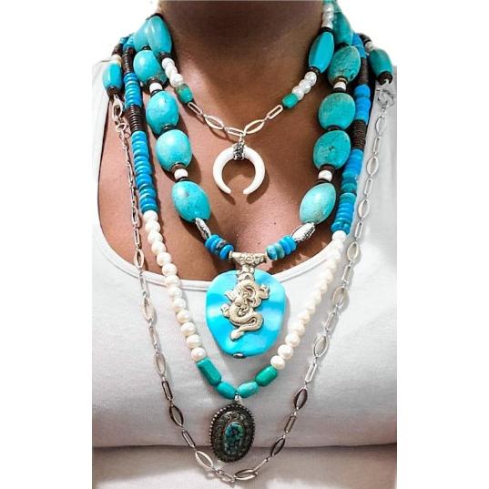 Antique Turquoise and Pearl Layered Necklace L.Signature Collection