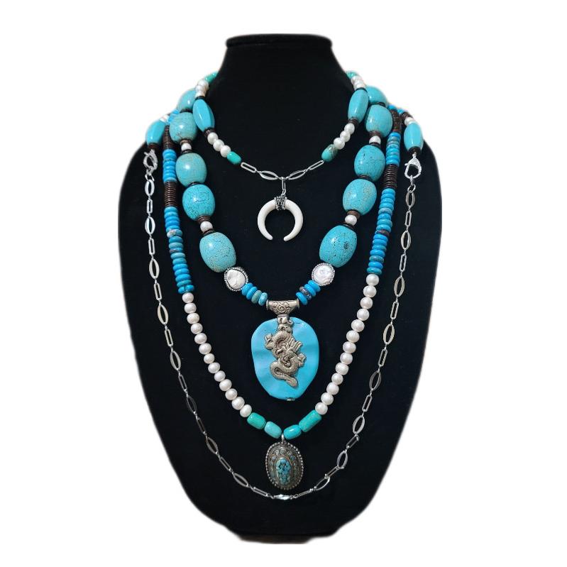 Antique Turquoise and Pearl Layered Necklace L.Signature Collection