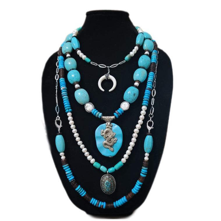 Antique Turquoise and Pearl Layered Necklace L.Signature Collection