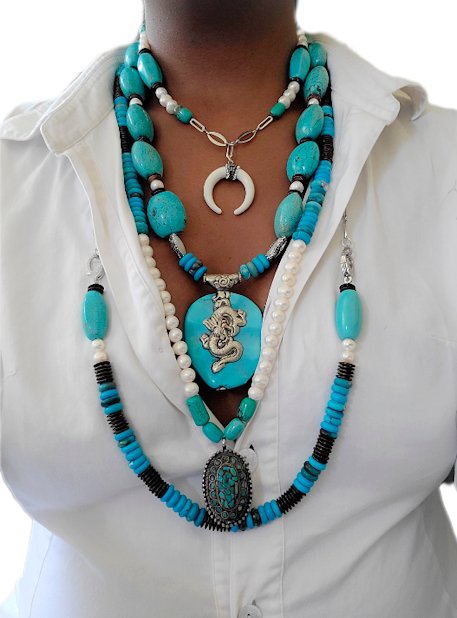 Antique Turquoise and Pearl Layered Necklace L.Signature Collection