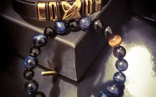 Blue Tiger Eye and Leather Bracelet set L.Signature Collection