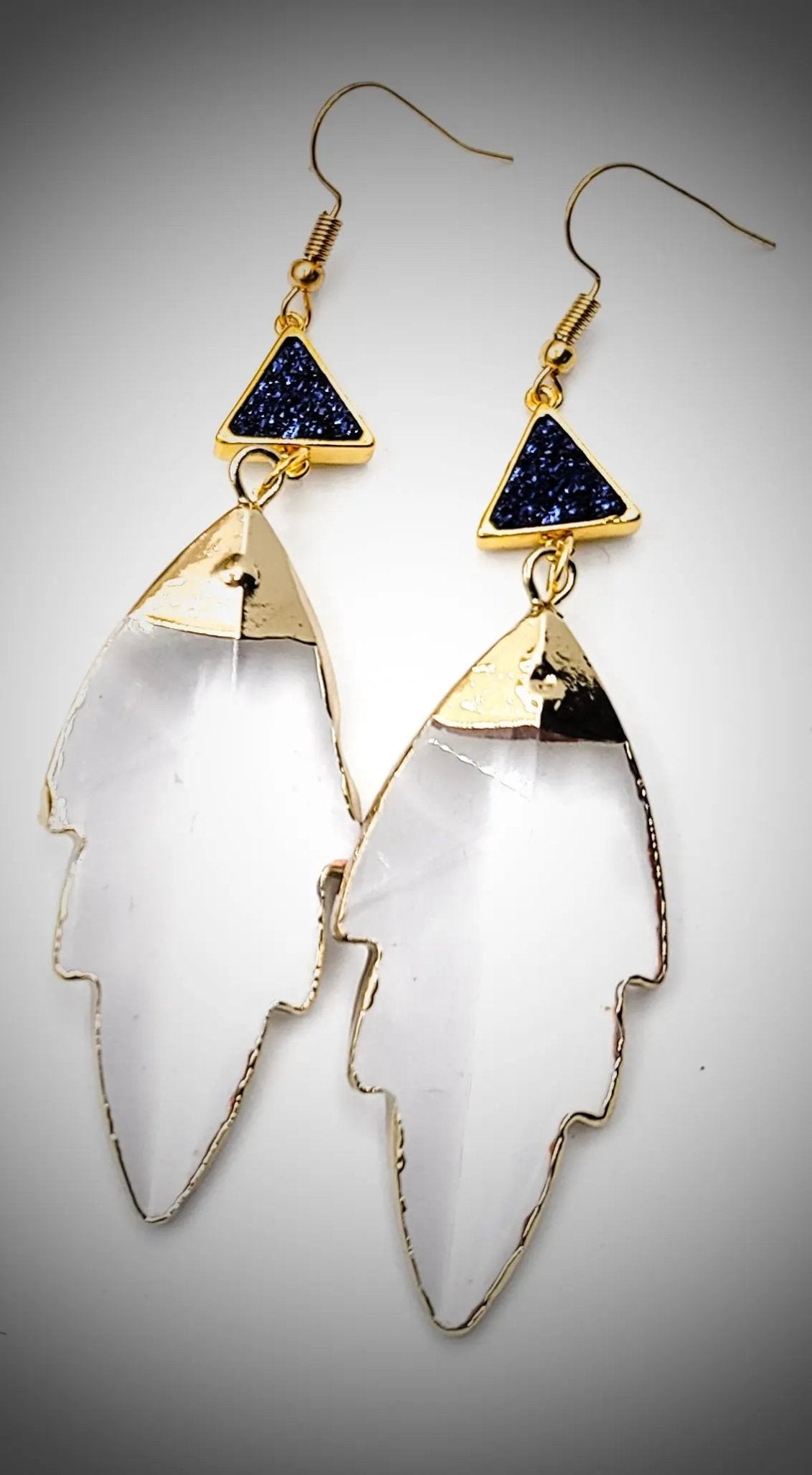 Clear Quartz Leaf Earrings "Druzy Blue" L.Signature Collection