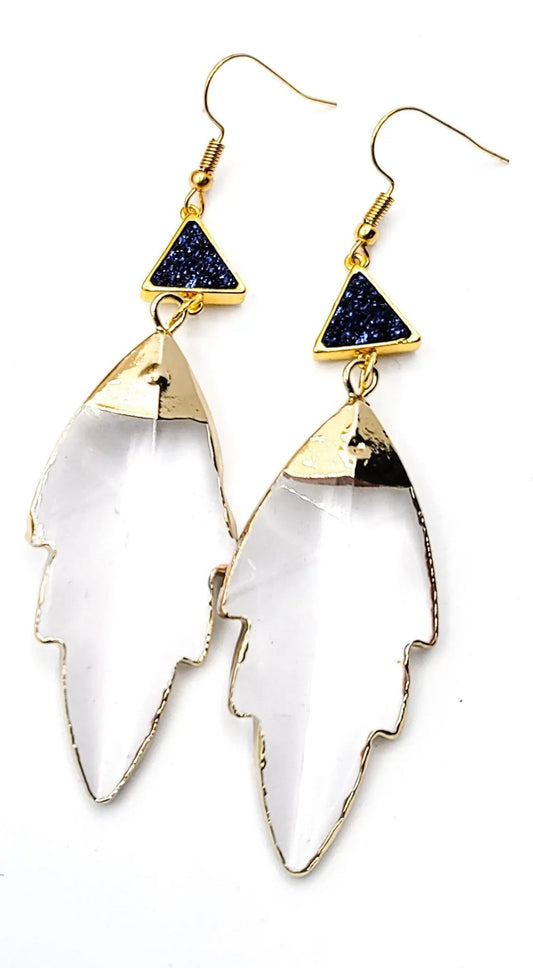 Clear Quartz Leaf Earrings "Druzy Blue" L.Signature Collection