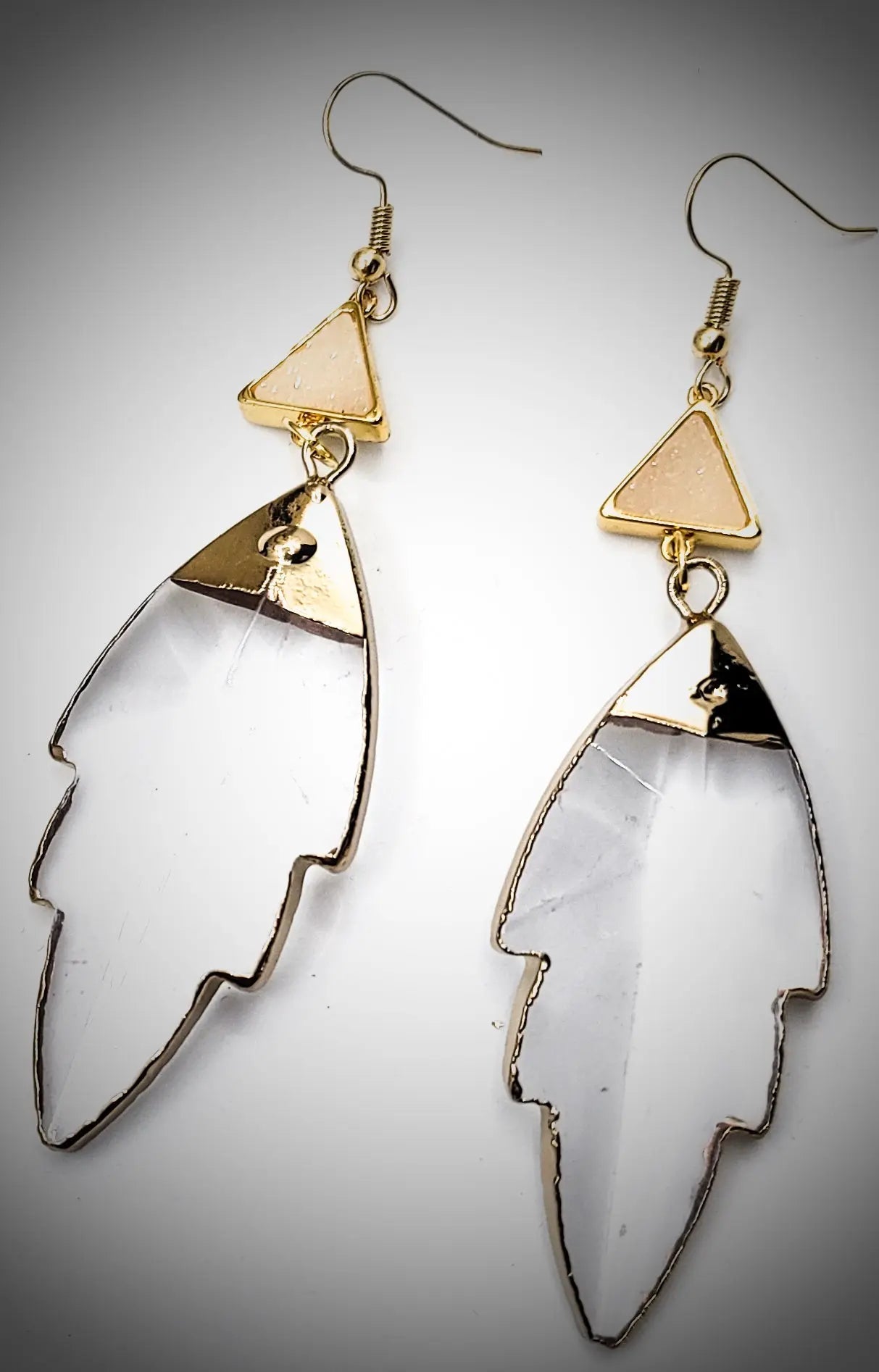 Clear Quartz Leaf Earrings "Peach Druzy" L.Signature Collection