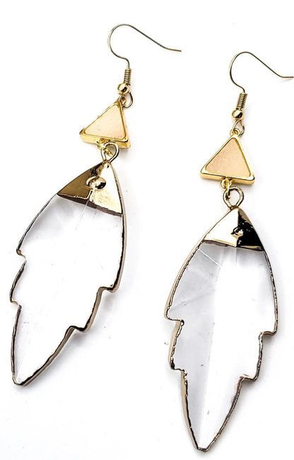 Clear Quartz Leaf Earrings "Peach Druzy" L.Signature Collection