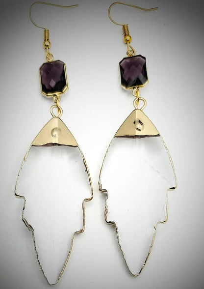 Clear Quartz Leaf Earrings "Purple " L.Signature Collection