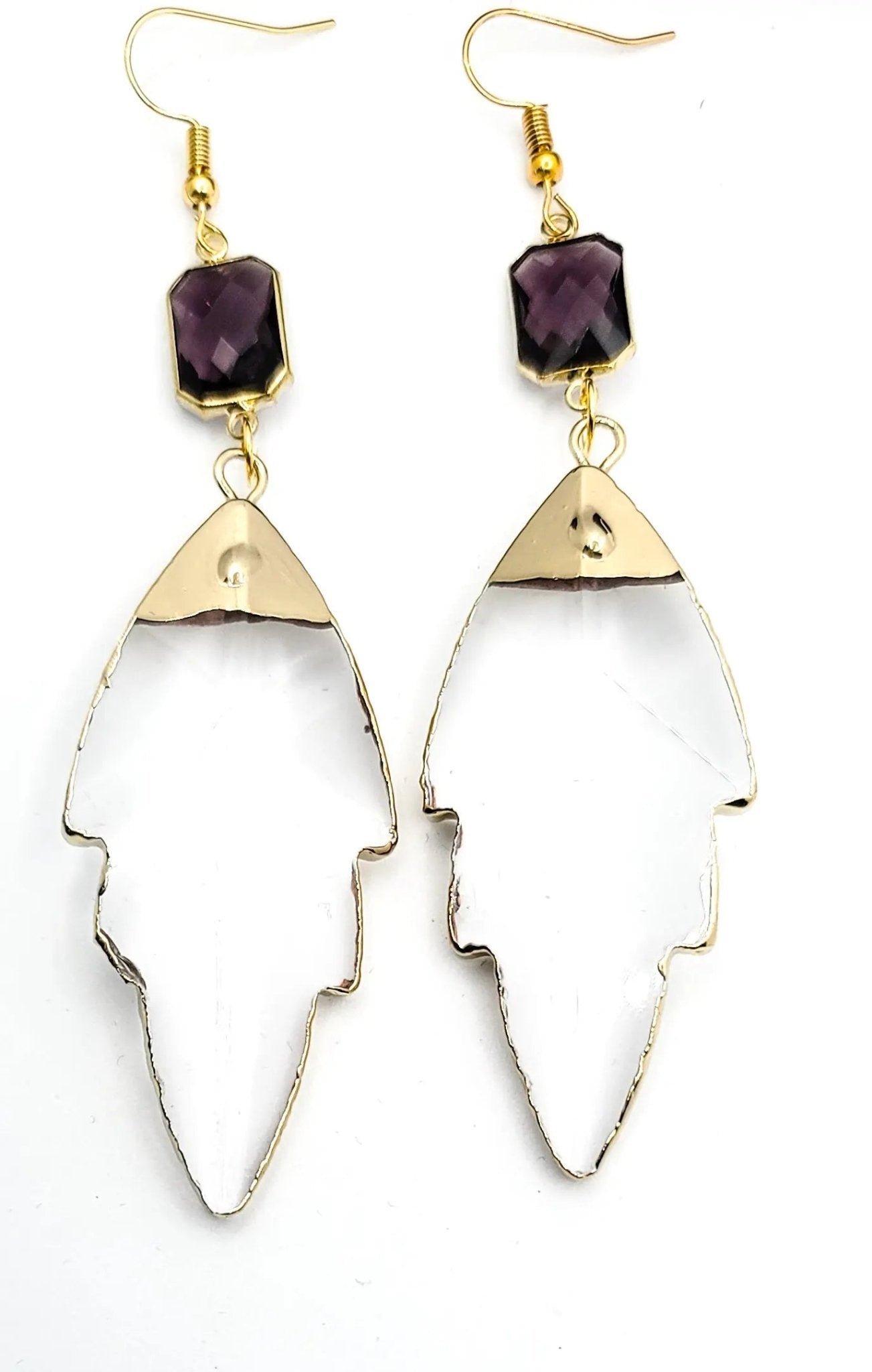 Clear Quartz Leaf Earrings "Purple " L.Signature Collection