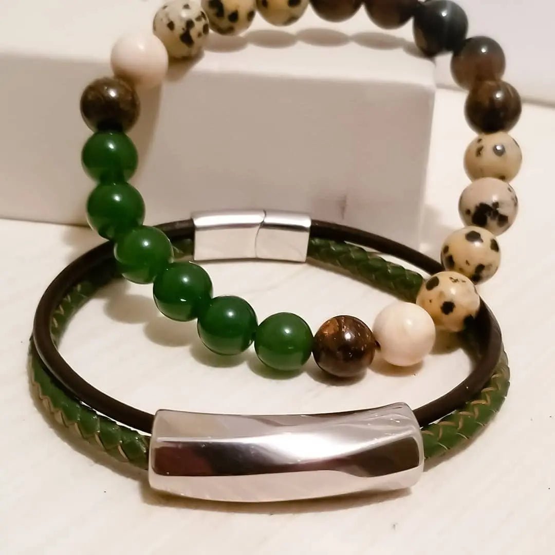 Dalmatian Jasper and Green Jade Bracelet set L.Signature Collection