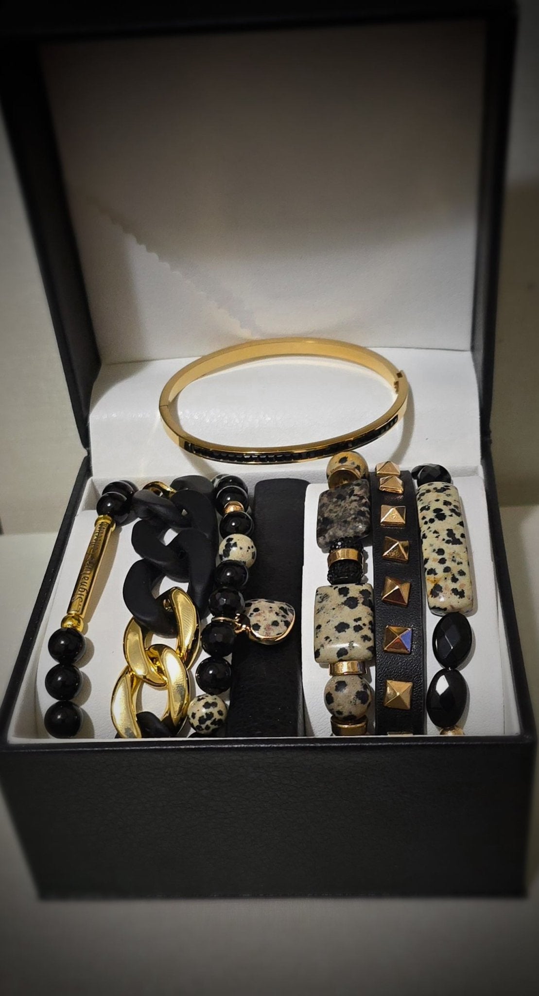 Dalmatian Jasper and Onyx Stacked Bracelet set L.Signature Collection by L.Styles