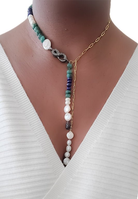 Emerald and Pearl Lariat Necklace L.Signature Collection by L.Styles