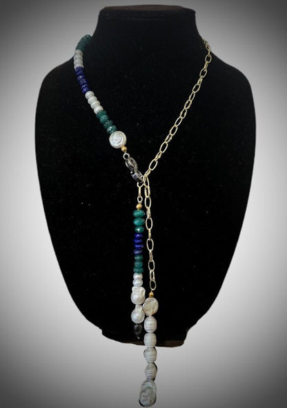 Emerald and Pearl Lariat Necklace - L.Signature Collection by L.Styles