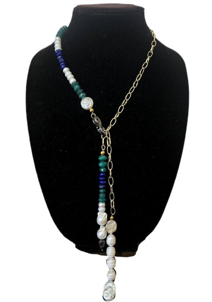 Emerald and Pearl Lariat Necklace - L.Signature Collection by L.Styles