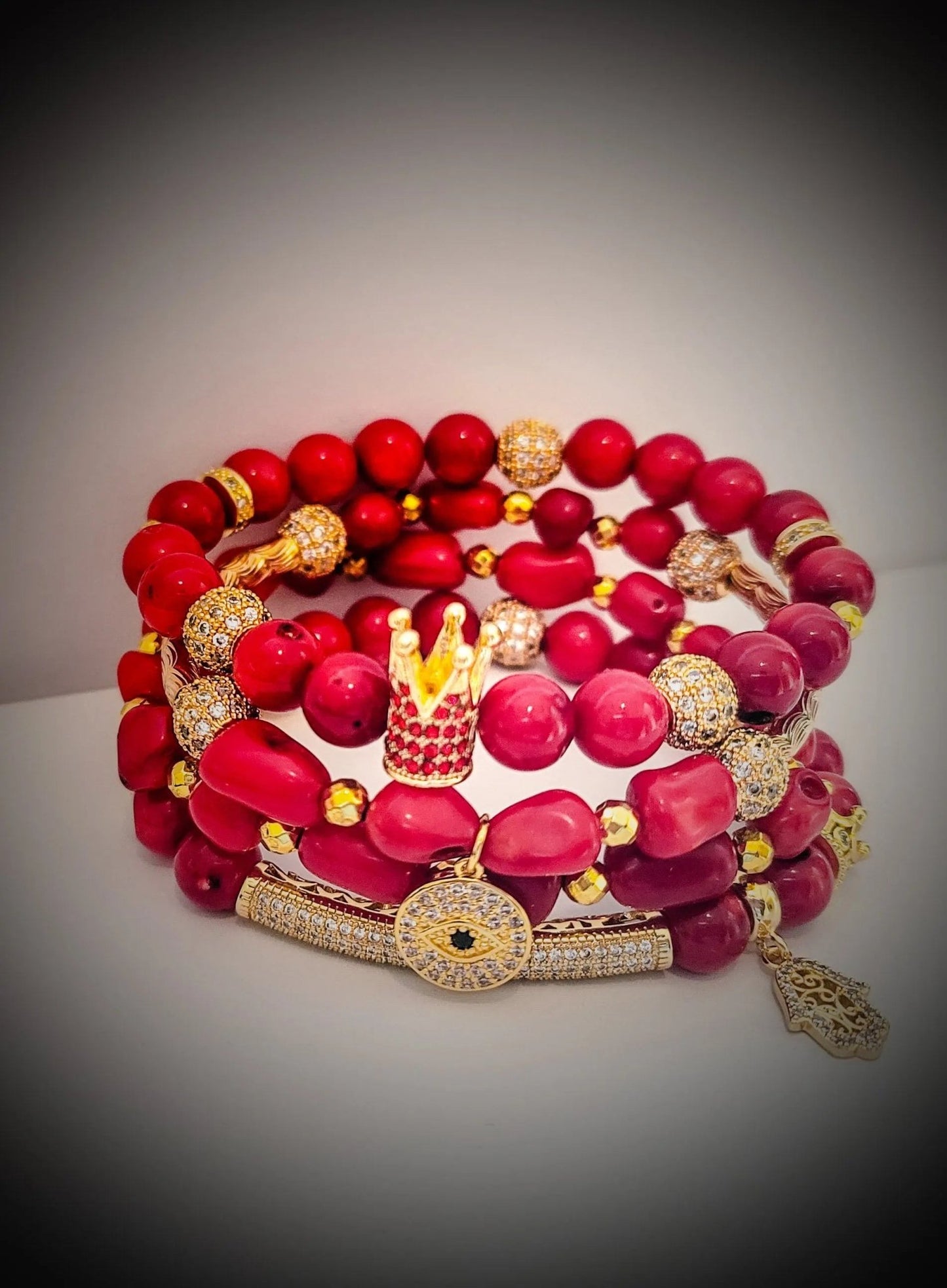 Eye Focused Red "Coral" Crown Bracelet set L.Signature Collection