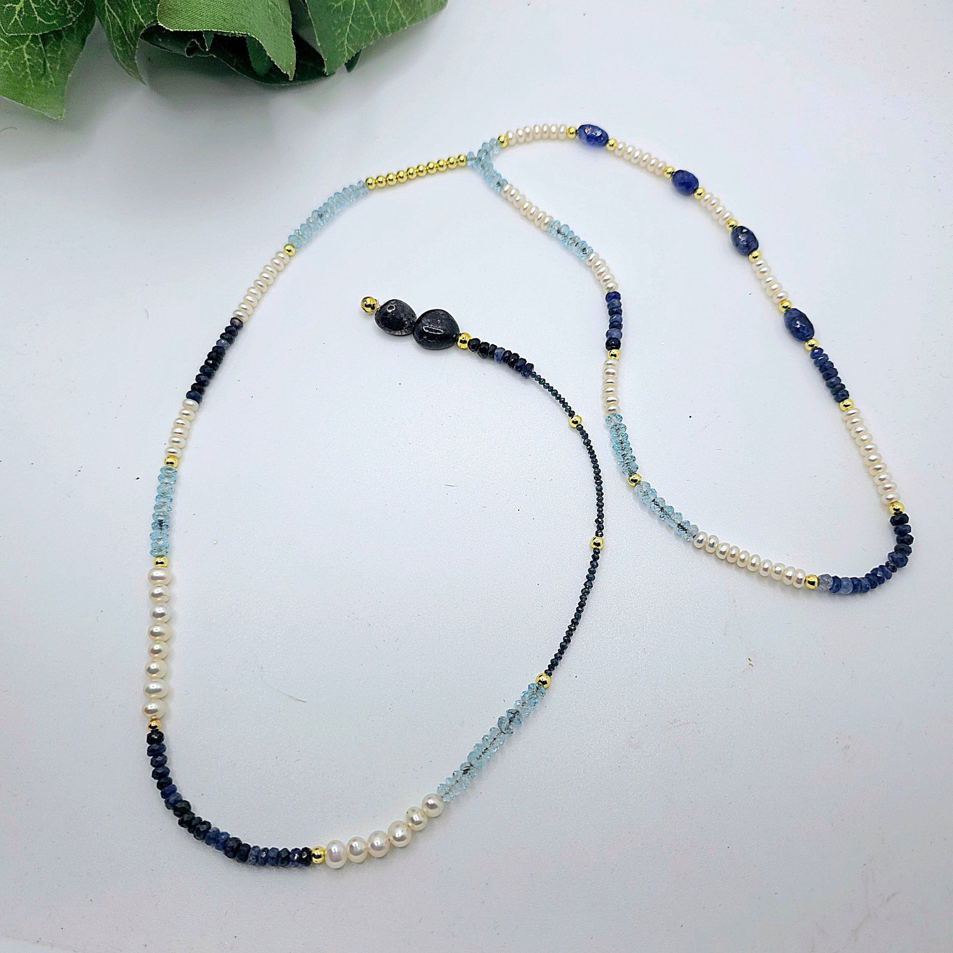 "Fifty Shades of Blue"| Sapphire, Blue Topaz, Blue diamonds Freshwater Pearl Lariat Necklace L.Signature Collection by L.Styles