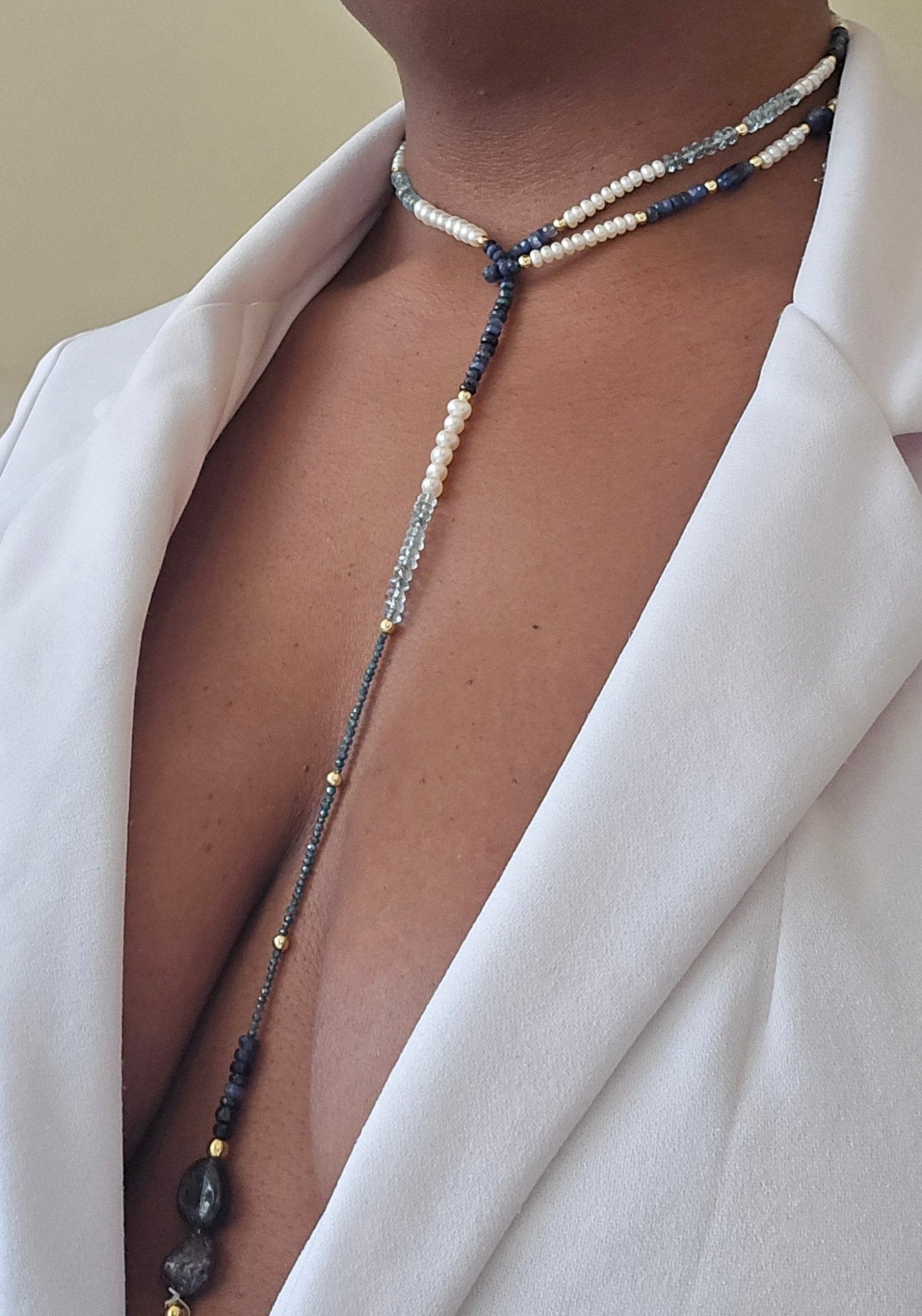 "Fifty Shades of Blue"| Sapphire, Blue Topaz, Blue diamonds Freshwater Pearl Lariat Necklace L.Signature Collection by L.Styles