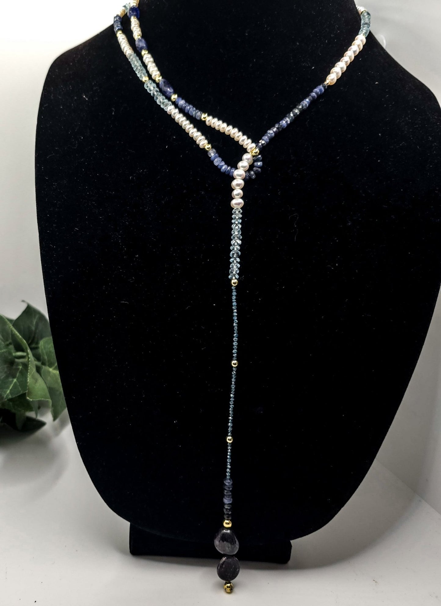 "Fifty Shades of Blue"| Sapphire, Blue Topaz, Blue diamonds Freshwater Pearl Lariat Necklace L.Signature Collection by L.Styles