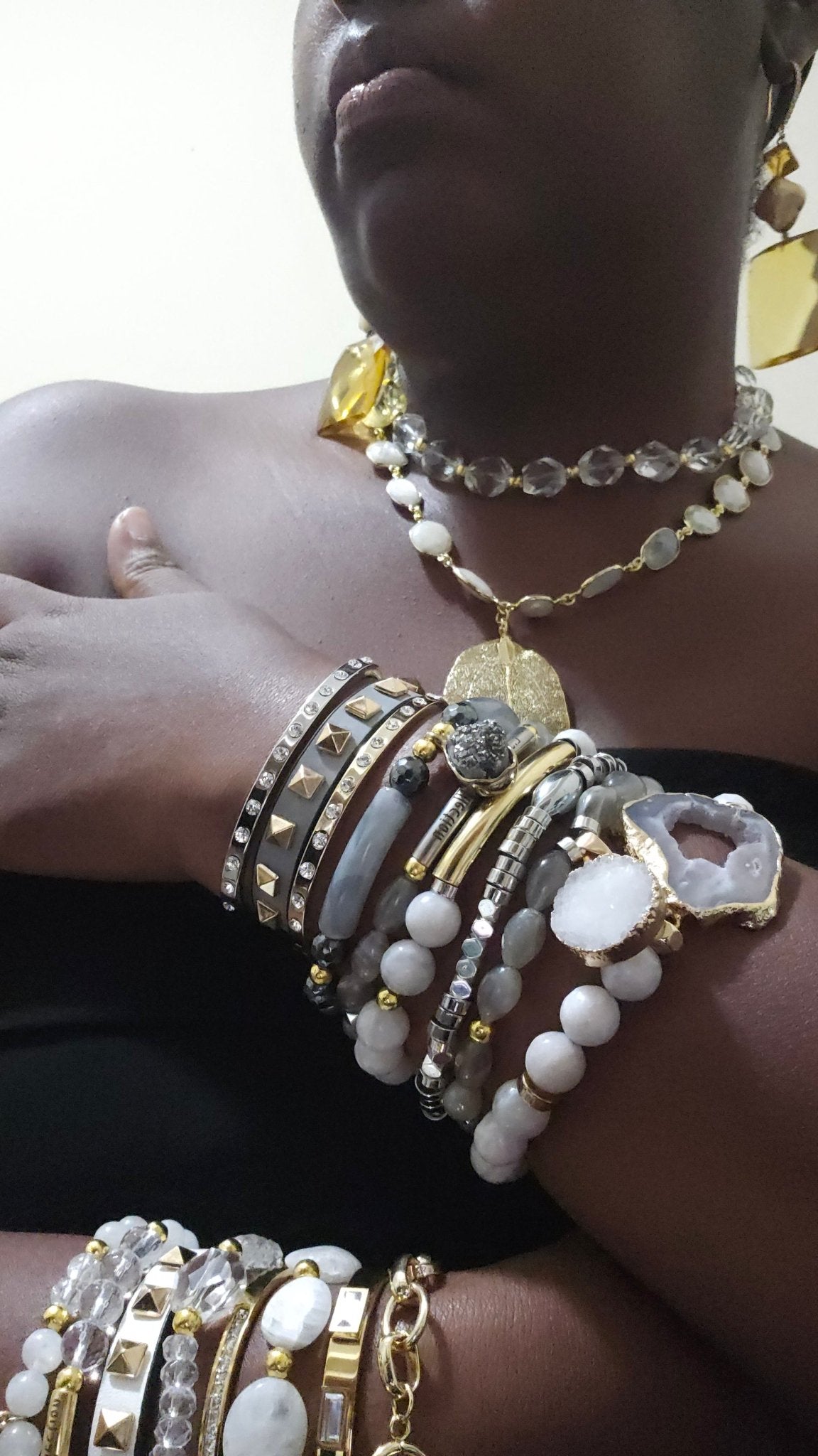 Gray Moonstone and Stripe  Agate Stacked Bracelet set L.Signature Collection by L.Styles