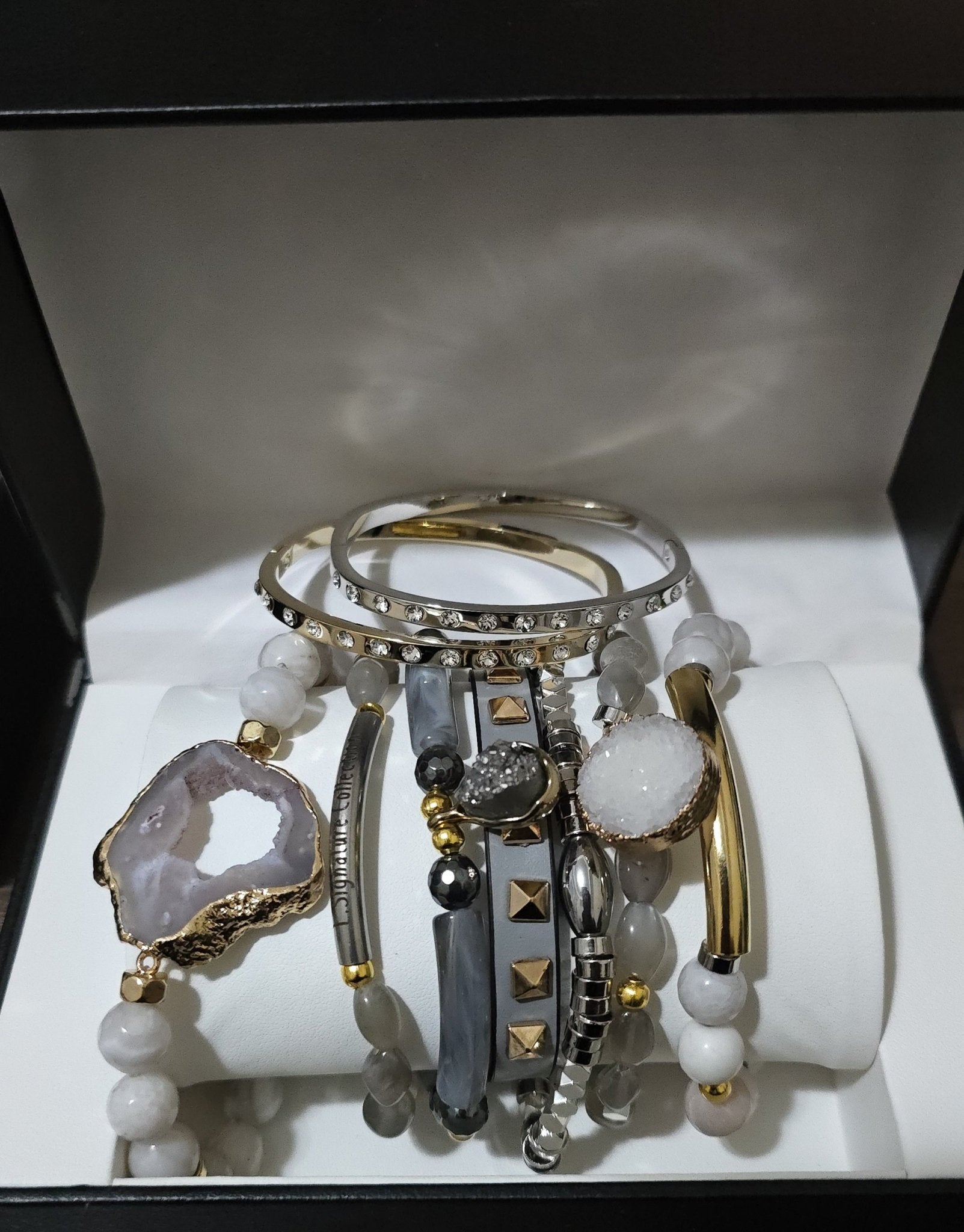 Gray Moonstone and Stripe  Agate Stacked Bracelet set L.Signature Collection by L.Styles