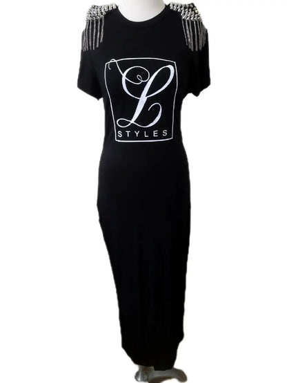 L. Styles' Maxi T-Shirt Dress with Fringe Shoulders L.Signature Collection by L.Styles