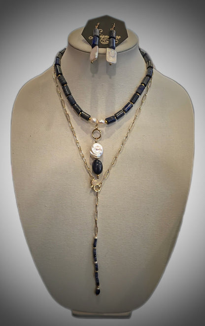 Lapis Lazuli and Freshwater Pearls Necklace set L.Signature Collection by L.Styles