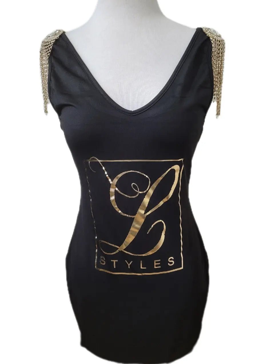 L.Styles' Black Fringe Shoulder Bodycon Dress Black /Silver / 2X L.Styles' Black Fringe Shoulder Bodycon Dress Black /Silver / 2X